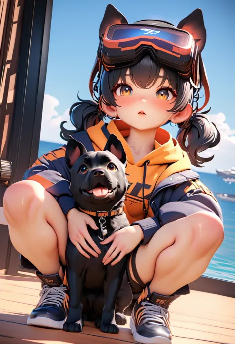 best quality,masterpiece,3d,(\Take him with you\),1 black puppy, Wearing VR glasses on head, ,black dog ears，whole body