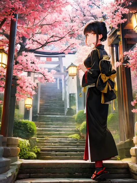 ((masterpiece,best quality)),2girls, black kimono, black legwear, black ribbon, black hair, cherry blossoms, day, flower, hair b...