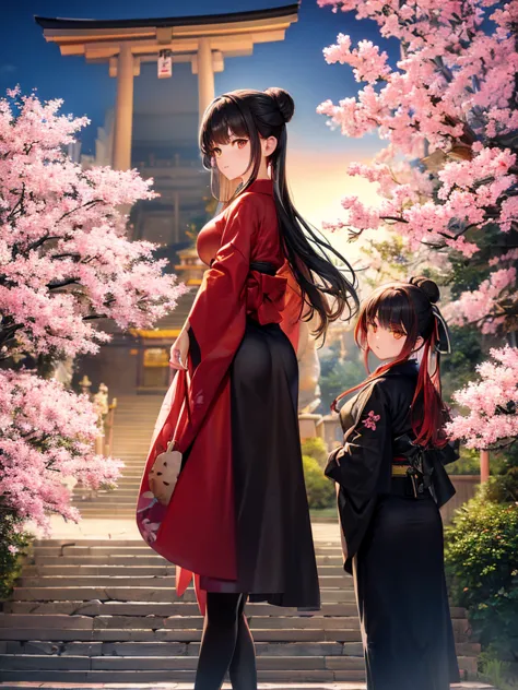 ((masterpiece,best quality)),2girls, black kimono, black legwear, black ribbon, black hair, cherry blossoms, day, flower, hair b...