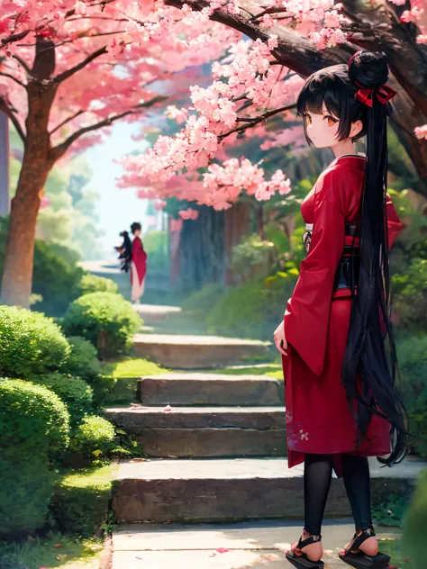 ((masterpiece,best quality)),2girls, black kimono, black legwear, black ribbon, black hair, cherry blossoms, day, flower, hair b...