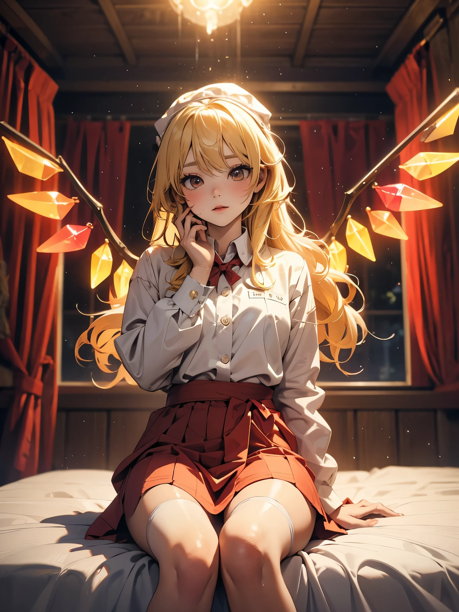 Projet Est, Flandre Scarlet assise sur le lit en uniforme JK, mains croisées à la taille, cheveux jaune clair, éclairage chaleureux, premier plan flou, mignon, changement, animé, 4K, avec des ailes de démon, Bonnet de bain, oeuvre d&#39;art, tronc