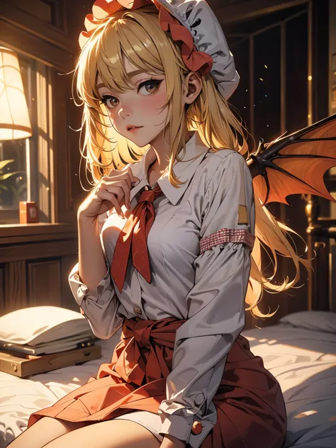 Eastern Project, Flandre Scarlet sitting on the bed in JK uniform, hands crossed at the waist, light yellow hair, warm lighting,...