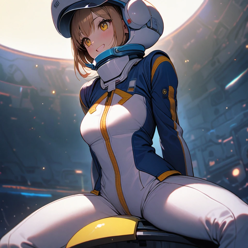 (well done:1) white spacesuit with blue and yellow details in a feminine shape, blue jacket a little torn on top.  sitting on top of a space base.