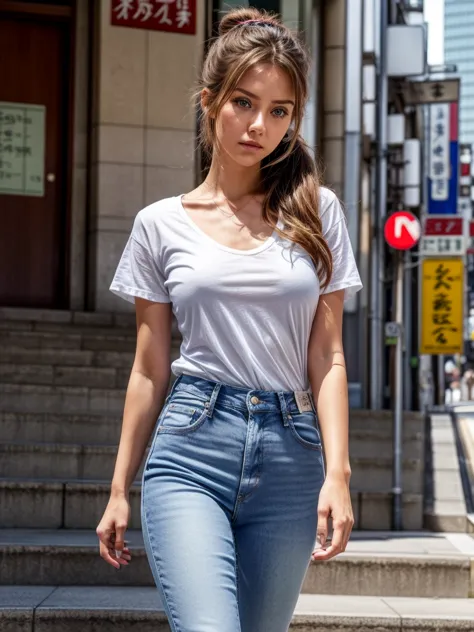 There is a woman dressed in blue jeans, White T-shirt, front view、Superior quality、realist、white pants, excellent face definitio...