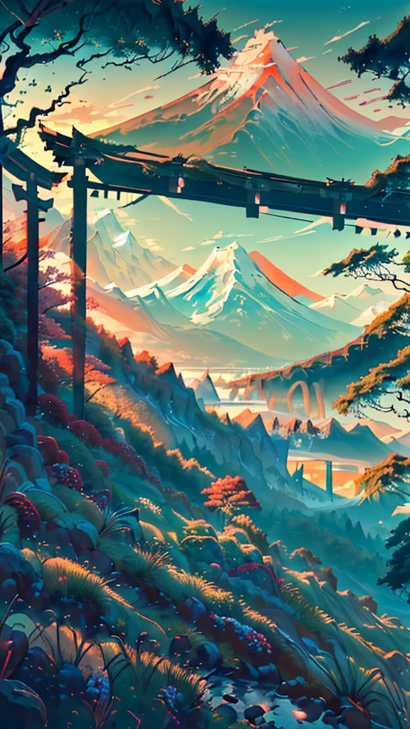 A Japanese valley unfolds with Mount Fuji in the background. Alongside vibrant grass, a slender road meanders, accompanied by the presence of tall trees, enhancing the serene beauty of the landscape. A alone boy
