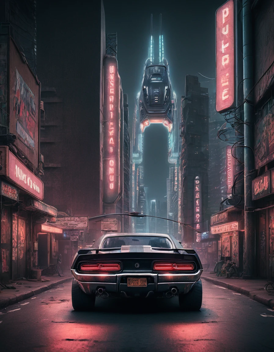 Hyper realistic,metal,professional photo of a futuristic muscle car with multiple modifications, large wheels, driving, cybernetic hood, cyber car parts, front pop up headlights, science fiction, sci-fi scenario, (night), natural light, cyberpunk, futuristic city, cyberpunk city, neon signs, highly detailed, (highly detailed background), multiple buildings in the background, detailed textures, wide angle, 8k, HDR, professional photoshoot, high quality photo, realistic photo, realistic shadows, detailed shadows, realistic proportions,film grain, raw photo,(front),