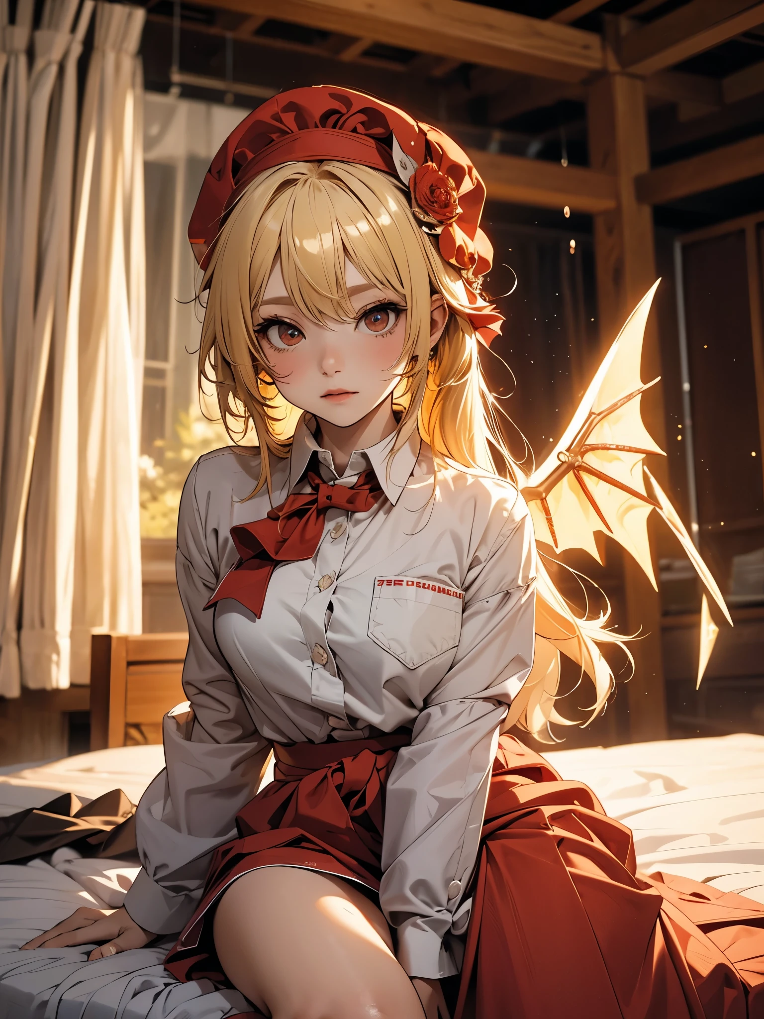 Projet Est, Flandre Scarlet assise sur le lit en uniforme JK, mains croisées à la taille, cheveux jaune clair, éclairage chaleureux, premier plan flou, mignon, changement, animé, 4K, avec des ailes de démon, Bonnet de bain, oeuvre d&#39;art, tronc