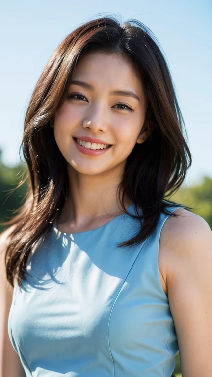((Highest quality、8K、masterpiece:1.3))、Photorealistic, Sharp focus, high resolution, High resolution,Portraiture, One person、Japanese、woman, beautiful woman, ((( Sky Blue Dress)))、30 years old, plump, Medium Long Hair,smile