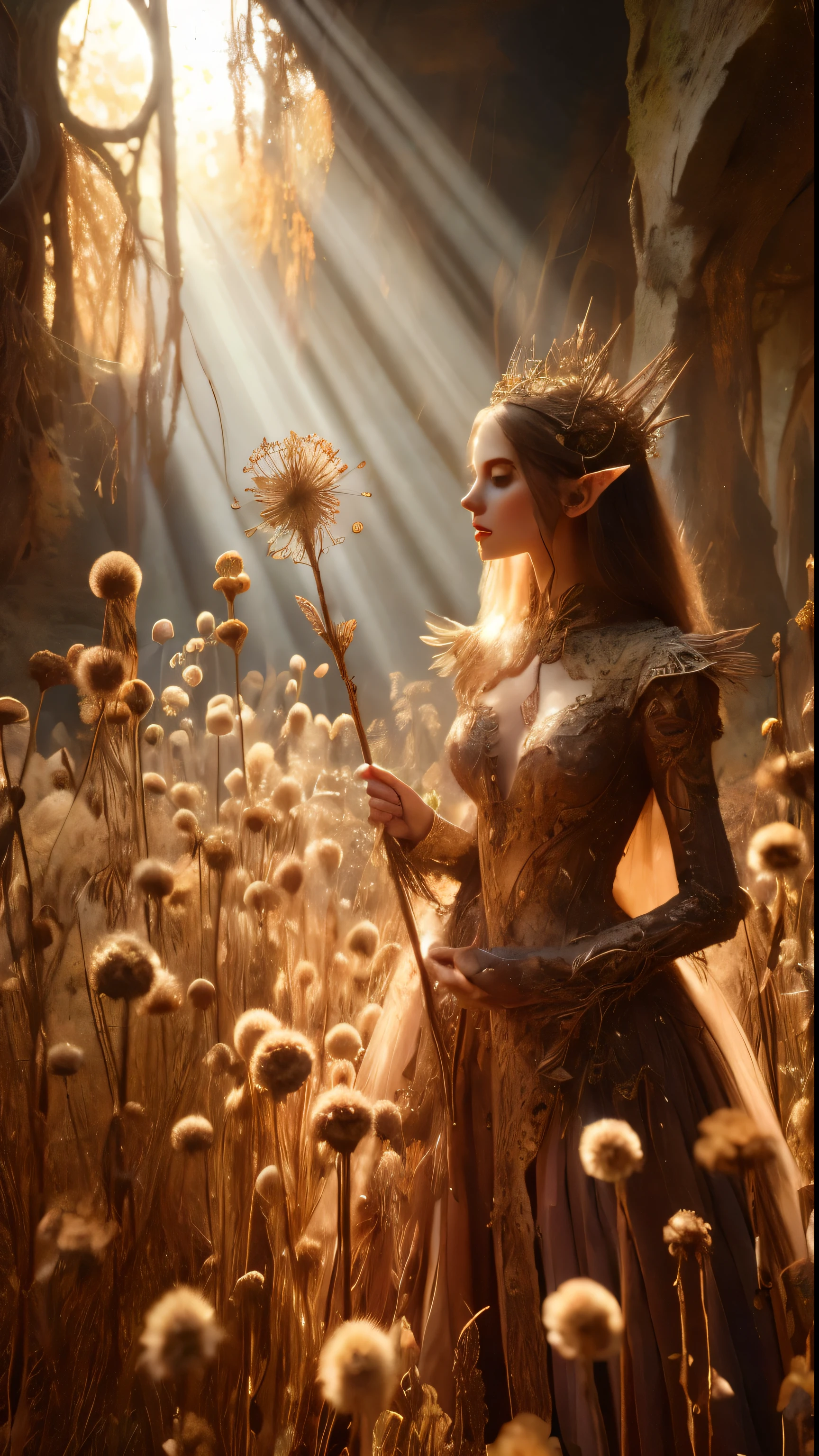 Dans un pommelé, ruine de la forêt ancienne, une princesse elfe se tient debout près de la caméra, photo en gros plan, son sceptre levé alors que des rayons de soleil chauds filtrent à travers les herbes séchées et les gousses sèches., jetant un halo doré autour de sa silhouette royale. recouvert d&#39;une ultra-multitude de petites fleurs sèches et de vignes, de très grands parterres de fleurs sauvages secs et variés envahis par la végétation l&#39;entourent, Sa belle, les vêtements enchantés scintillent dans la douce lumière, tandis que le feuillage sec et luxuriant et les vignes l&#39;entourent, créer un environnement luxuriant. La caméra capture une mise au point nette sur le visage de la princesse, avec la composition selon la règle des tiers la plaçant à l&#39;intersection de deux diagonales. Tourné à l&#39;heure d&#39;or, la scène dégage une ambiance éthérée, invitant le spectateur à entrer dans ce royaume mystique., ,fantaisie, mieux_mains, Léonard, angelawhite, Améliorer
