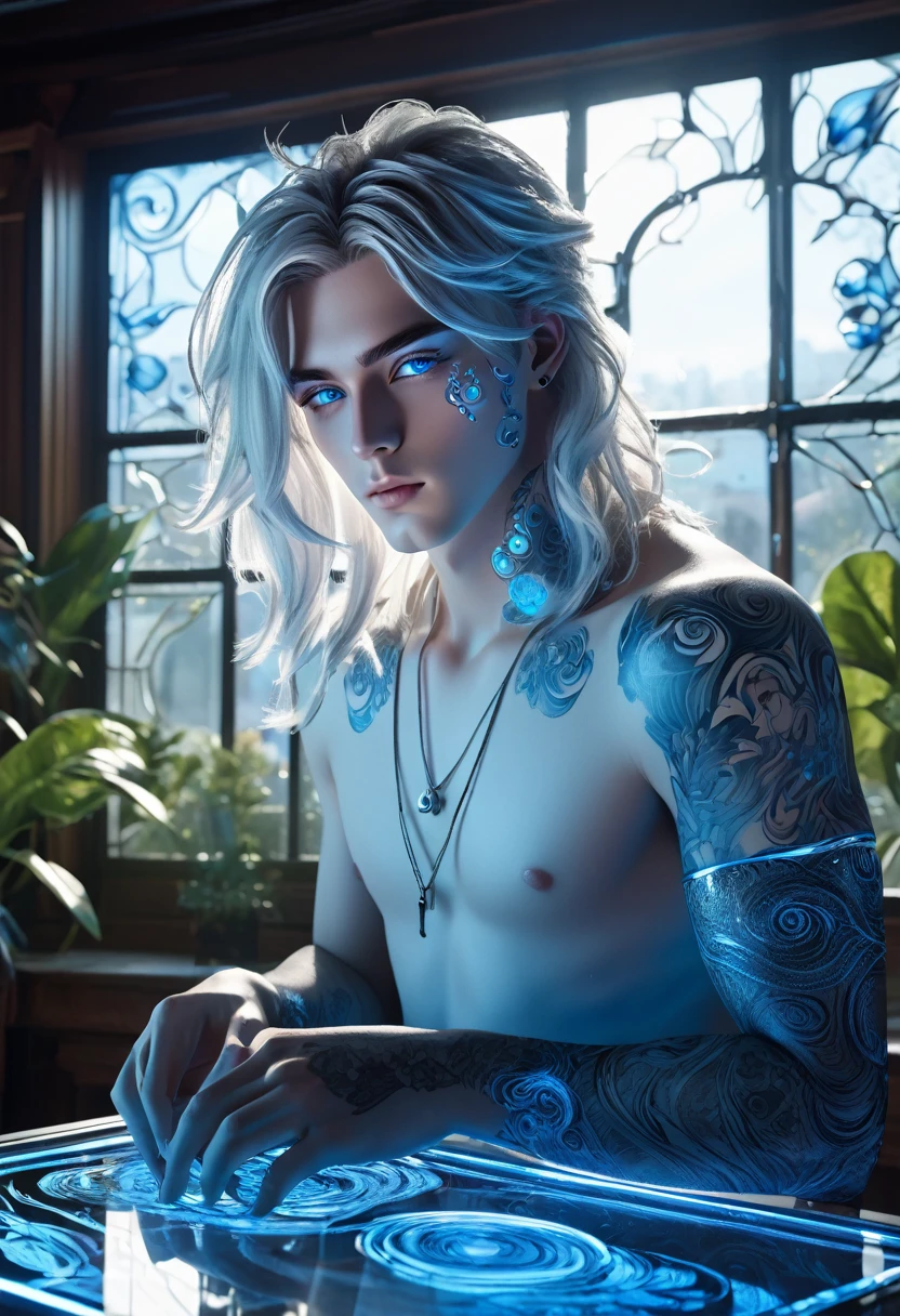 full view of a gorgeous anime male beautifulsensual,25 years old, blue pastel eyes, white wisp silky long hair pulled up, freckles, piercings and tattoo foil masterpiece neon body art, drawing on a high tech glass draft drawing table, with blue print works of luxury apartments strewn about, a ghostly, solid white whispy, smokey phantom ghoul of a handsome male stands near perfect composition of a beautiful large bay window, a garden is in view out the window, the sun shines within a gorgeous cottage structure image in 32k resolution. The scene is illuminated by an alluring backlight and a light-blue ambient light, which cast a breathtaking glow on a crystal and glass structure, that appears to be a piece of transparent, 3D, sci-fi technology.setting, glass texture, super reflective, 32 k, unreal engine 5, hyperrealistc, This technology exhibits intricate details and is super reflective. An anime-inspired high-textured glass, ultra-quality matte, yet radiates neon light. The overall image has deeply saturated complementary colors, adding a fantastical element to the overall concept art. This entire set-up appears to be an engaging splash screen for a trending Unreal Engine game. Please make this as detailed and photorealistic as possible, akin to a high-quality matte painting. detailed intricate insanely detailed, octane render trending on artstation, 32 k artistic photography, photorealistic concept art, soft natural volumetric cinematic perfect light, chiaroscuro,