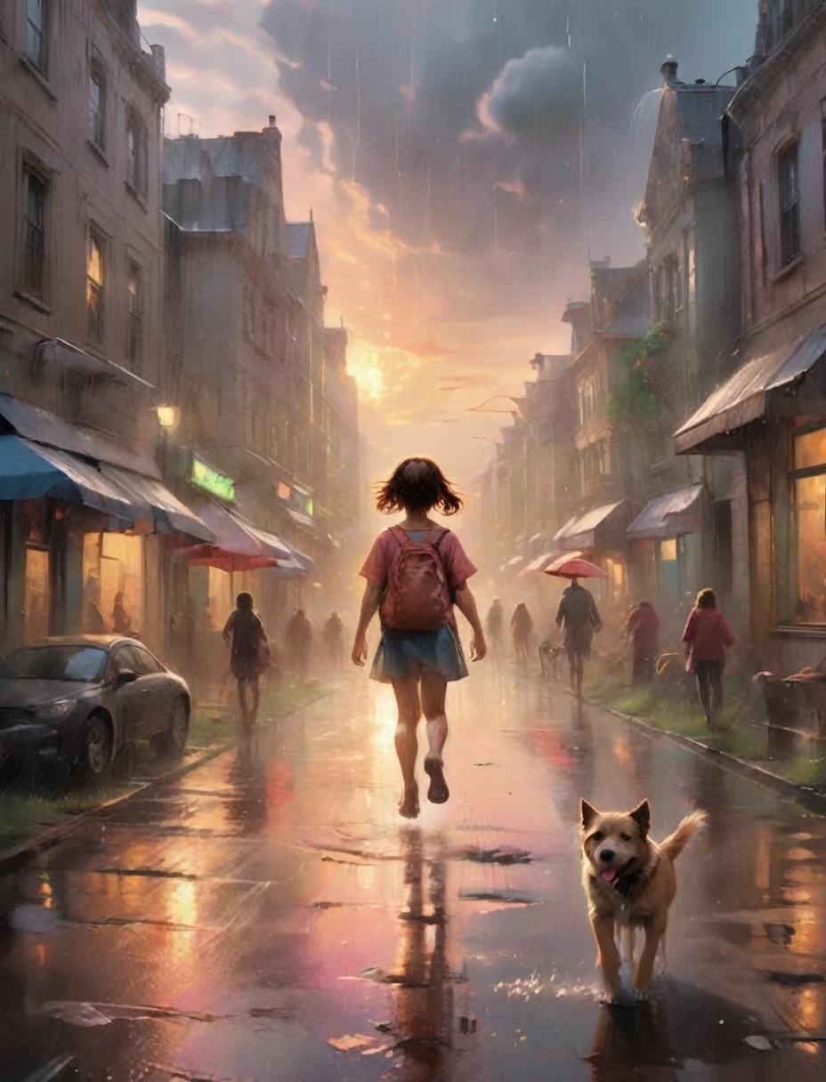 develop images of 3 happy and smiling children playing in the rain with a dog and girls with an incredible sunset.