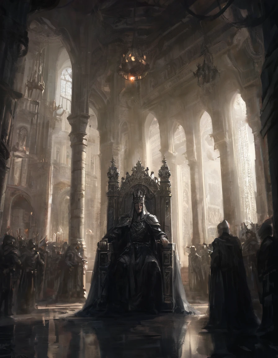 Kindly, Generate an image of an imposing MAN wearing a crown on his head, Sitting authoritatively on a special throne，This throne is located in the center of the radiant cross. He wears a white cloak，Flow around him, Adding a touch of mystery to his figure. In one of your hands, He held a staff that looked majestic. The whole scene takes place during the day, The cobblestone streets cast deep shadows. Around the throne, holy light, Crackling and shining;, Cast a sinister glow around you. His glow disturbed the whole scene。Around the throne，Standing are four Valkyries with different looks and figures, full of divinity，Fence the throne，The combination of sky and clouds, Revealing the details of the throne, 3d