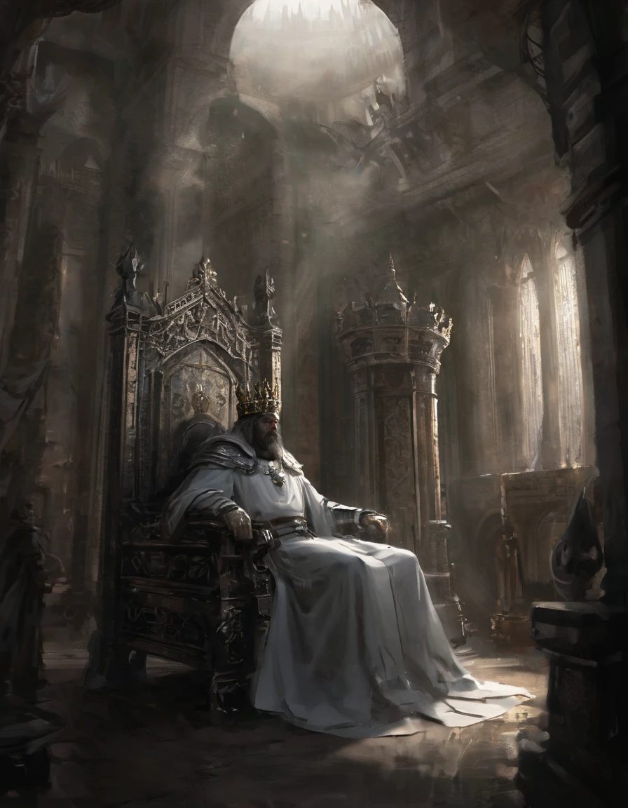 Kindly, Generate an image of an imposing MAN wearing a crown on his head, Sitting authoritatively on a special throne，This throne is located in the center of the radiant cross. He wears a white cloak，Flow around him, Adding a touch of mystery to his figure. In one of your hands, He held a staff that looked majestic. The whole scene takes place during the day, The cobblestone streets cast deep shadows. Around the throne, holy light, Crackling and shining;, Cast a sinister glow around you. His glow disturbed the whole scene。Around the throne，Standing are four Valkyries with different looks and figures, full of divinity，Fence the throne，The combination of sky and clouds, Revealing the details of the throne, 3d