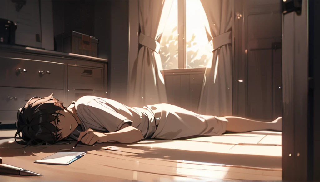 Resolution full, boy, very accurate, best quality, masterpiece,  cinematic lighting, full HD, very sharpener, a young man laying on a wooden floor inside his room as the sun light reflected from the covered curtains 