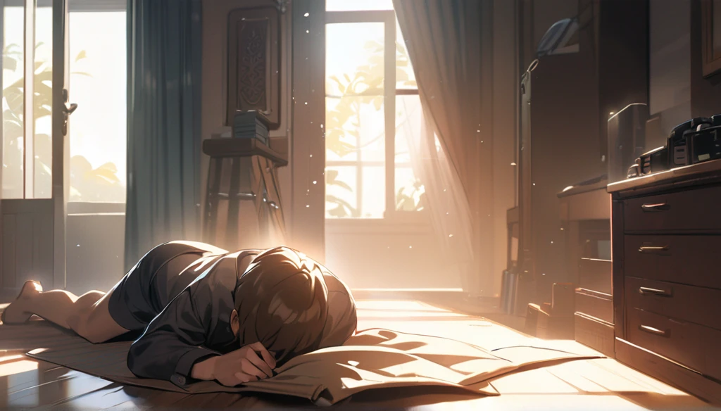 Resolution full, boy, very accurate, best quality, masterpiece,  cinematic lighting, full HD, very sharpener, a young man laying on a wooden floor inside his room as the sun light reflected from the covered curtains 