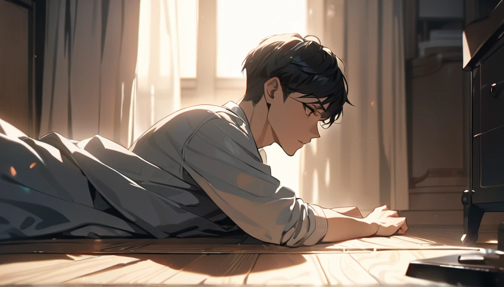 Resolution full, boy, very accurate, best quality, masterpiece,  cinematic lighting, full HD, very sharpener, a young man laying on a wooden floor inside his room as the sun light reflected from the covered curtains 