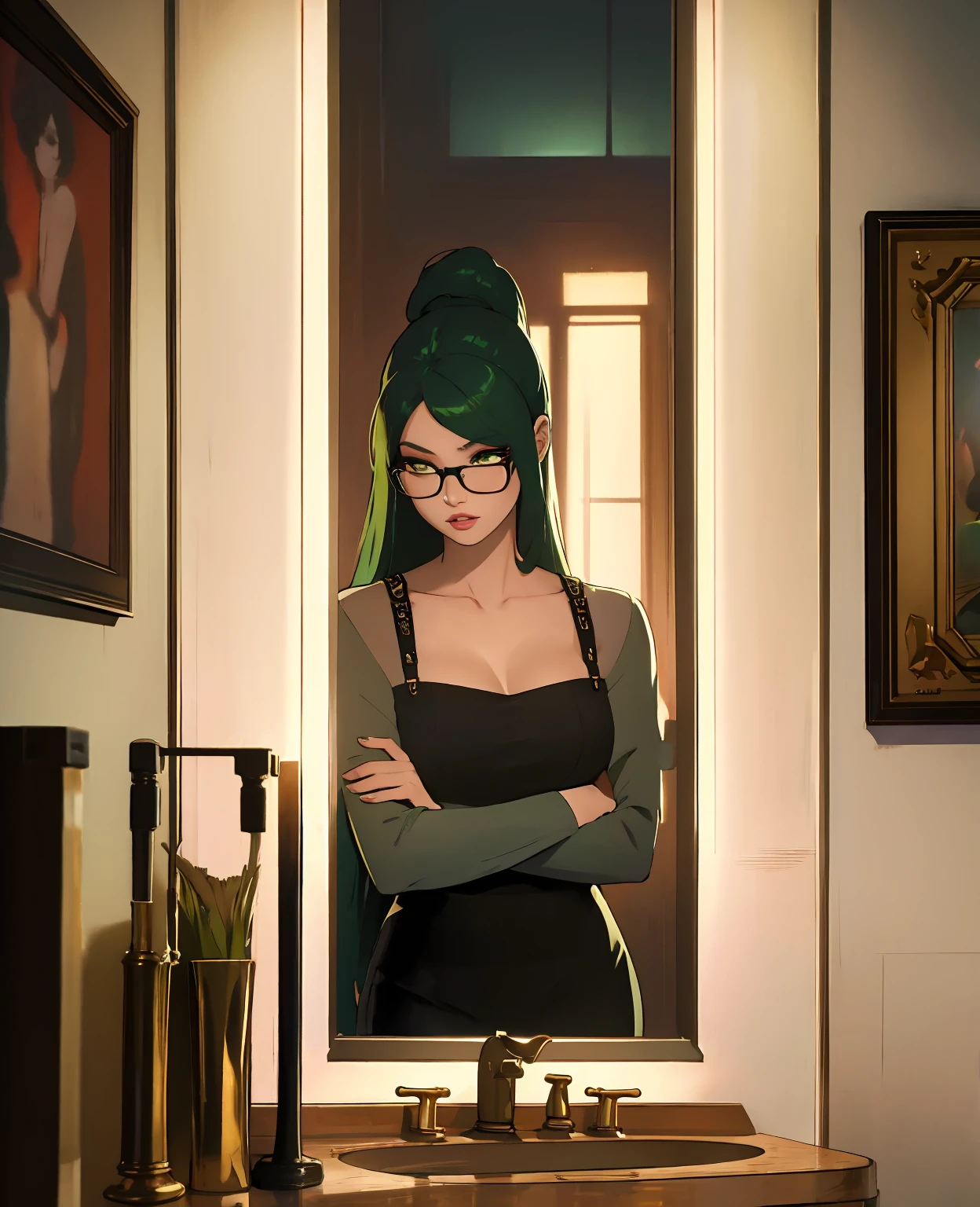 Jennie kim, wearing glasses, green hair, black eyes, sexy, in a bathroom, beautiful detailed eyes, beautiful detailed lips, extremely detailed eyes and face, long eyelashes, high fashion, dramatic lighting, chiaroscuro, cinematic, digital art, concept art, intricate details, hyperrealistic, photorealistic, best quality, 8k, highres, masterpiece:1.2, ultra-detailed, realistic:1.37, HDR, UHD, studio lighting, ultra-fine painting, sharp focus, physically-based rendering, extreme detail description, professional, vivid colors, bokeh