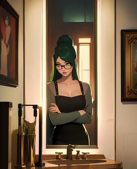 jennie kim, wearing glasses, green hair, black eyes, sexy, in a bathroom, beautiful detailed eyes, beautiful detailed lips, extr...