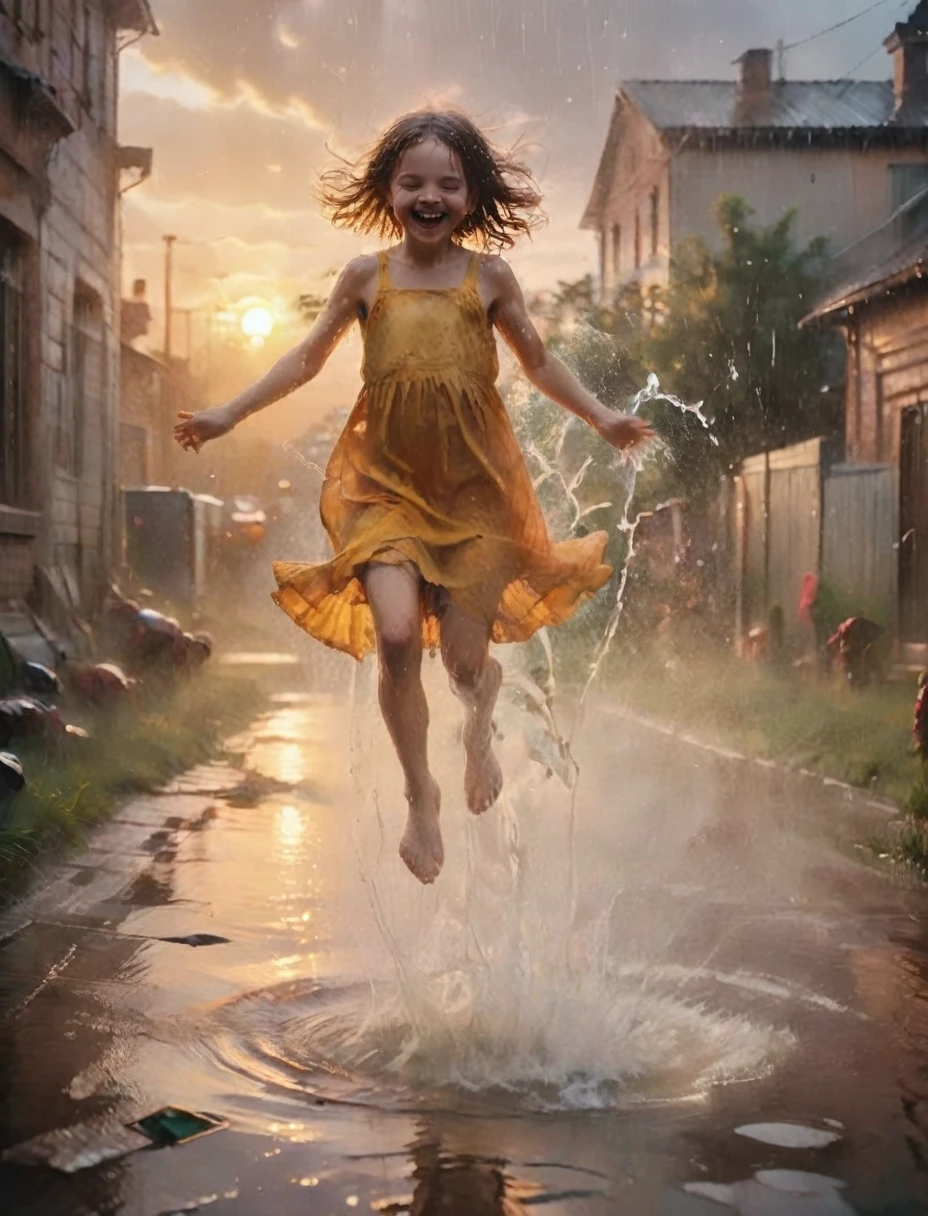 develop images of 3 children playing, jumping in pools of water in the rain, happy and smiling with a dog and girls with an incredible sunset.