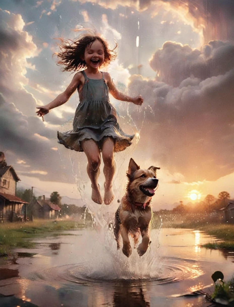 develop images of 3 children playing, jumping in pools of water in the rain, happy and smiling with a dog and girls with an incredible sunset.