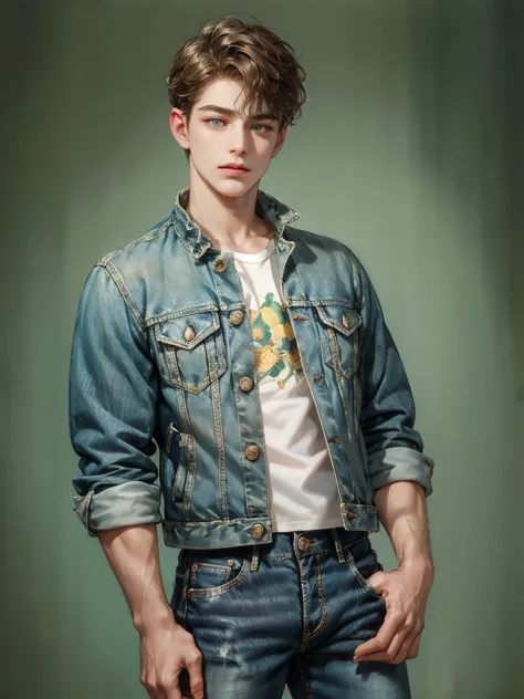 A boy, short back hair, wavy hair, green eyes. He wears a denim jacket, jeans, a handsome boy, detailed eyes, detailed face, det...