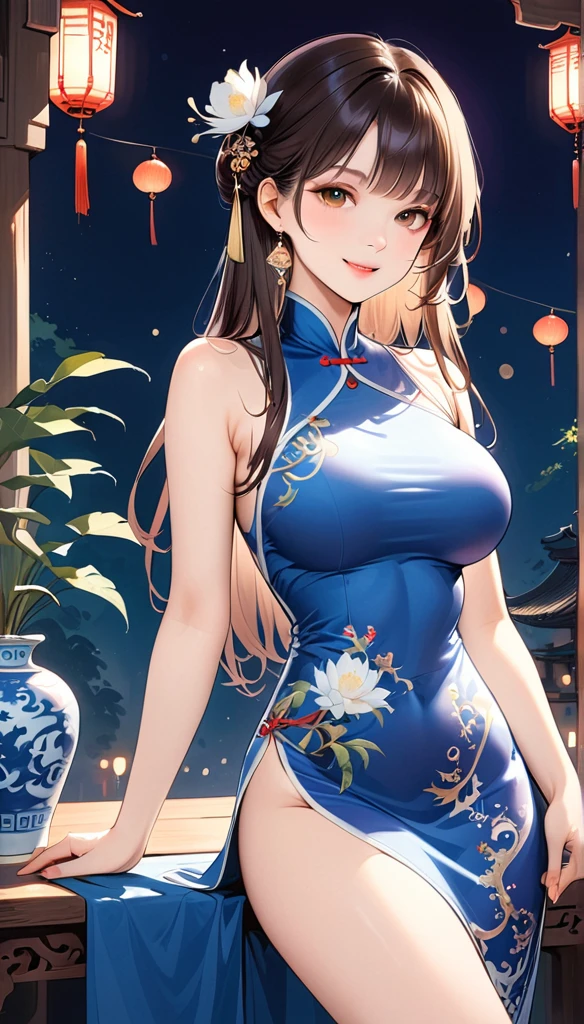 1 girl，On Cheongsam,Anatomically correct, Long hair，Blue and white porcelain，Exquisite pattern，Oriental elements，Ink painting style, Clean colors,White background, Soft lighting, ( bokeh)，masterpiece, Very detailed, Epic Composition, best quality, 4K，Large Breasts，Smile