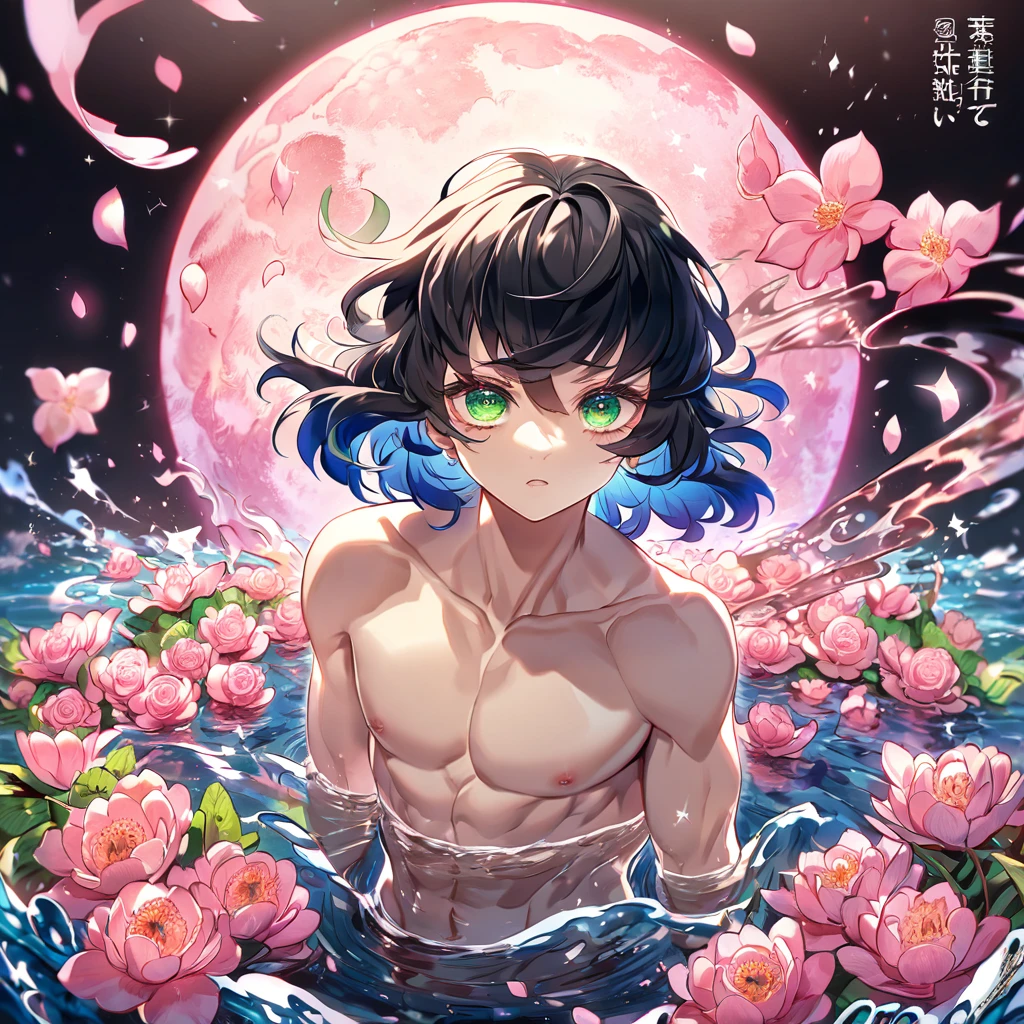 absurdres, highres, ultra detailed, HDR, master piece, best quality, extremely detailed, Hashibira Inosuke, black hair, expressive pale green eyes, Kimetsu No Yaiba, solo, sexy man, handsome, bare chest, toned chest, without shirt, magical, fantasy, glittering, sparkling, glass, pink flowers, pink petals, water, pink moon