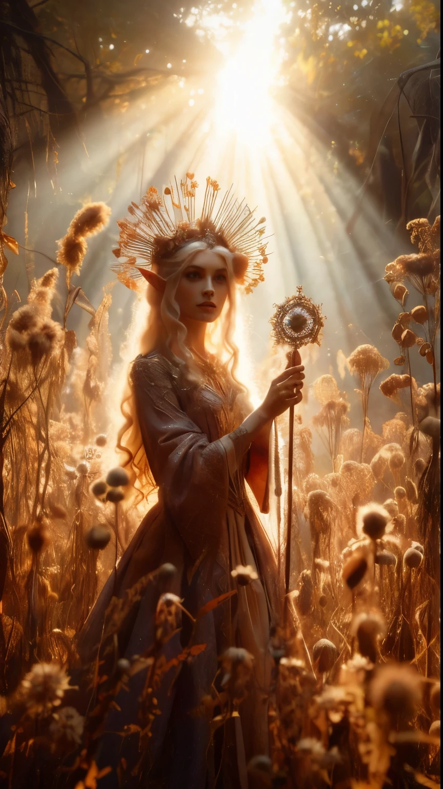 在斑駁的, 古代森林遺址, 一位精靈公主高高地站在鏡頭前, 特寫鏡頭, 她的權杖高高舉起，溫暖的陽光透過乾枯的草和乾燥的豆莢, 在她高貴的身姿周圍投射出金色的光環. 覆蓋著大量的小乾燥花和藤蔓, 非常高的雜草叢生的各種乾燥野花壇圍繞著她, 她的美丽, 迷人的衣服在柔和的燈光下閃閃發光, 而乾燥茂盛的樹葉和藤蔓圍繞著她, 創造一個鬱鬱蔥蔥的環境. 鏡頭清晰地聚焦在公主的臉上, 按照三分法則構圖，她位於兩條對角線的交點處. 黃金時段拍攝, 場景散發著空靈的意境, 邀請觀眾走進這個神秘的境界., ,幻想, 更好的_手, 列奧納多, 安吉拉懷特, 提高