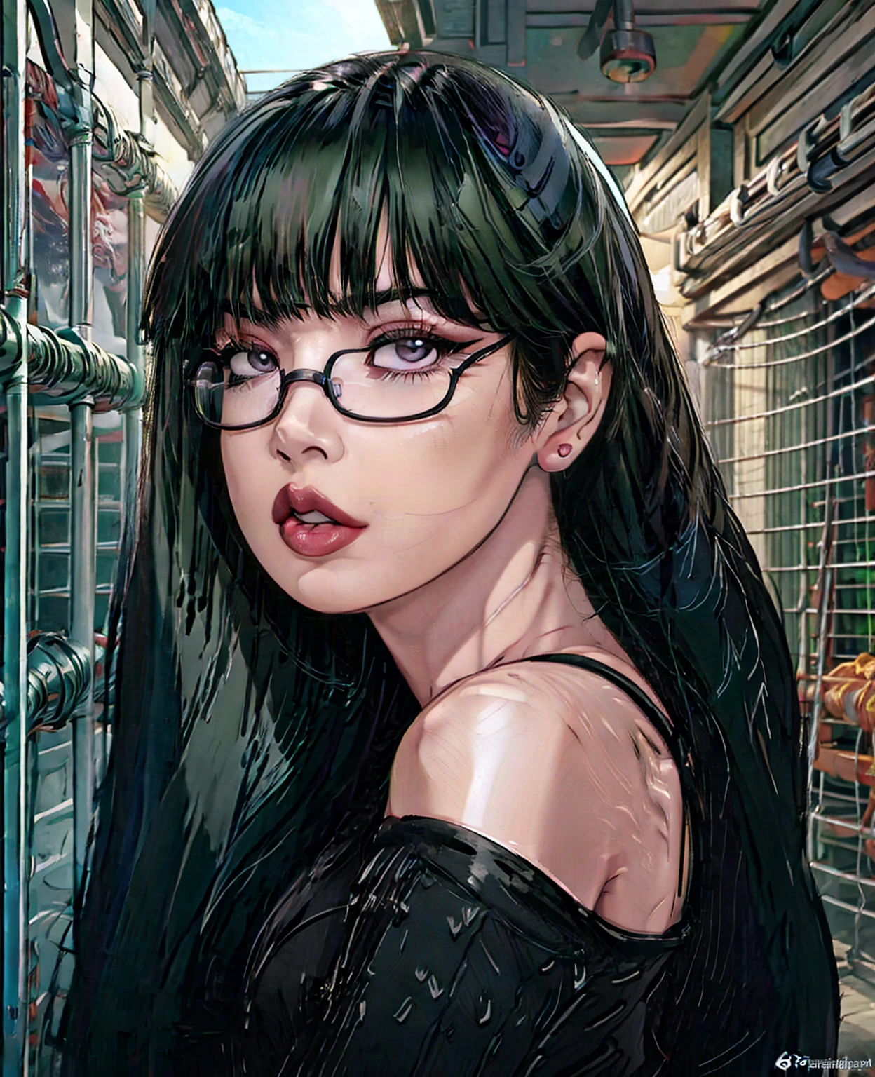 A beautiful girl with green hair, glasses, and black eyes, wearing a sexy outfit in a bathroom setting, photorealistic, 8k, hyperdetailed, cinematic lighting, dramatic atmosphere, beautiful detailed eyes, beautiful detailed lips, extremely detailed face and skin, elegant pose, moody colors, dramatic shadows, intricate details, lisa for blackpink