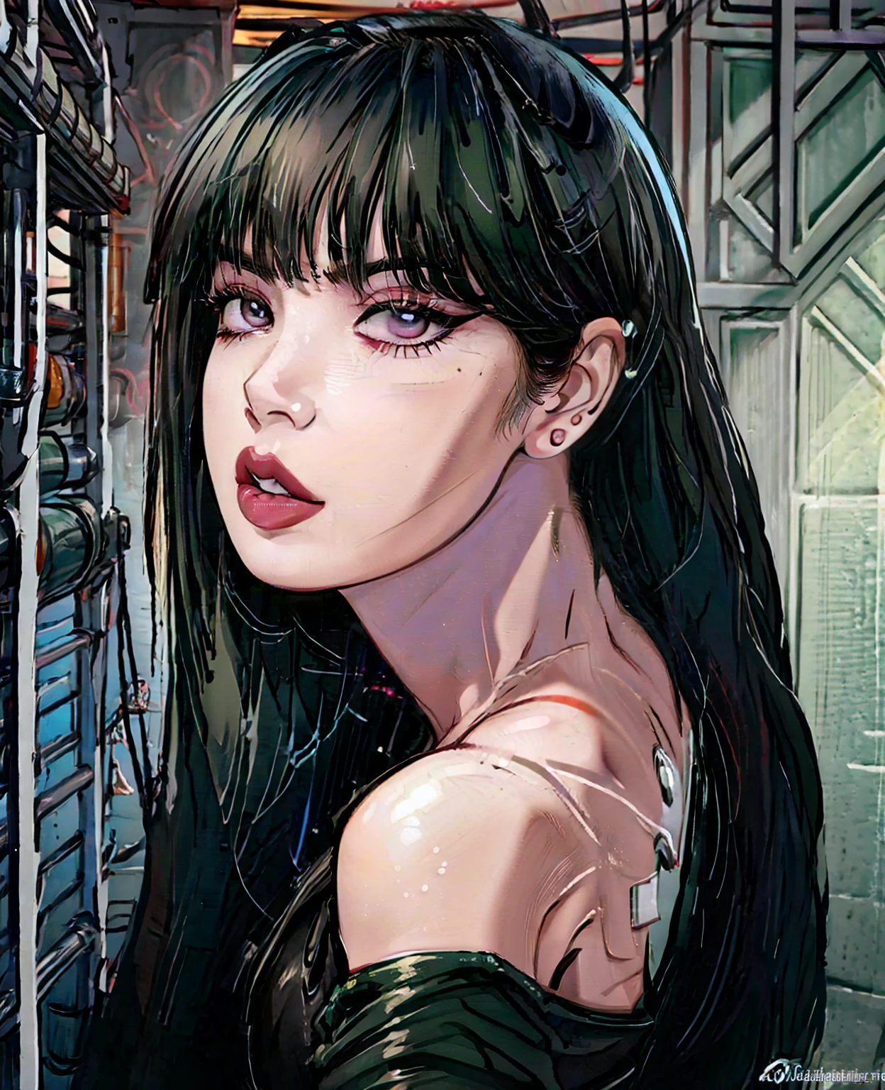 A beautiful girl with green hair, glasses, and black eyes, wearing a sexy outfit in a bathroom setting, photorealistic, 8k, hyperdetailed, cinematic lighting, dramatic atmosphere, beautiful detailed eyes, beautiful detailed lips, extremely detailed face and skin, elegant pose, moody colors, dramatic shadows, intricate details, lisa for blackpink