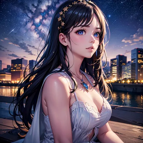 a detailed portrait of a girl sitting outdoors at night, looking up at the starry sky with the milky way, surrounded by a night ...