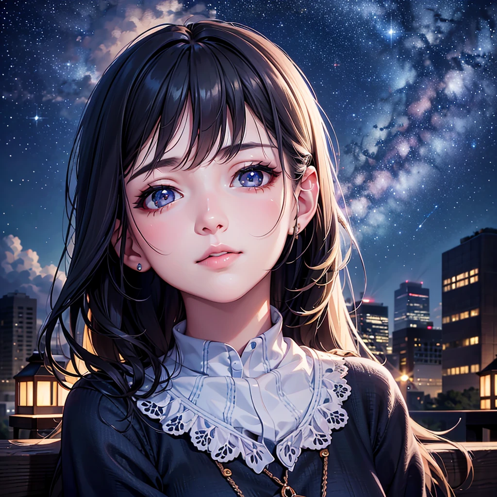 a detailed portrait of a girl sitting outdoors at night, looking up at the starry sky with the milky way, surrounded by a night cityscape with buildings silhouetted against the night sky, long hair, (best quality,4k,8k,highres,masterpiece:1.2),ultra-detailed,(realistic,photorealistic,photo-realistic:1.37),extremely detailed eyes and face,beautiful detailed eyes,beautiful detailed lips,longeyelashes,octans,sky,stars,scenery,starry night,night,1girl,night sky,solo,outdoors,building,cloud,milky way,sitting,tree,city,cityscape