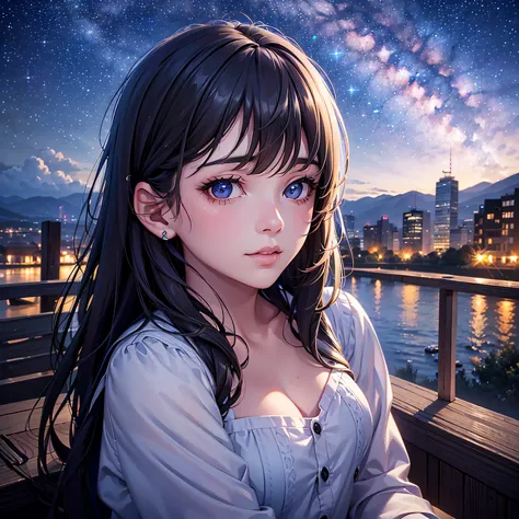 a detailed portrait of a girl sitting outdoors at night, looking up at the starry sky with the milky way, surrounded by a night ...