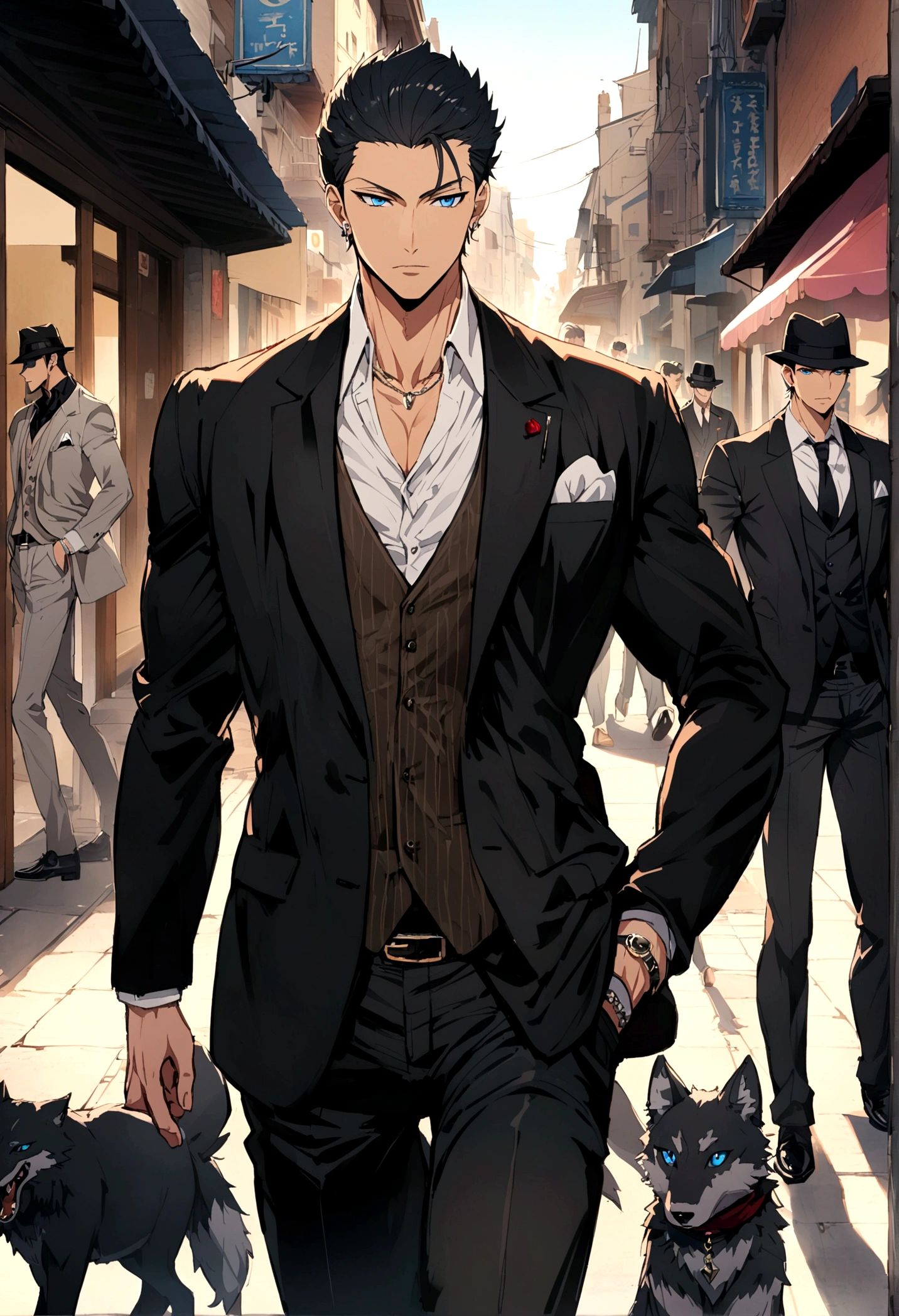 Anime, male, black hair, wolf, mafia, cool, blue eyes, ikemen - SeaArt AI