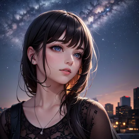 a detailed portrait of a girl sitting outdoors at night, looking up at the starry sky with the milky way, surrounded by a night ...