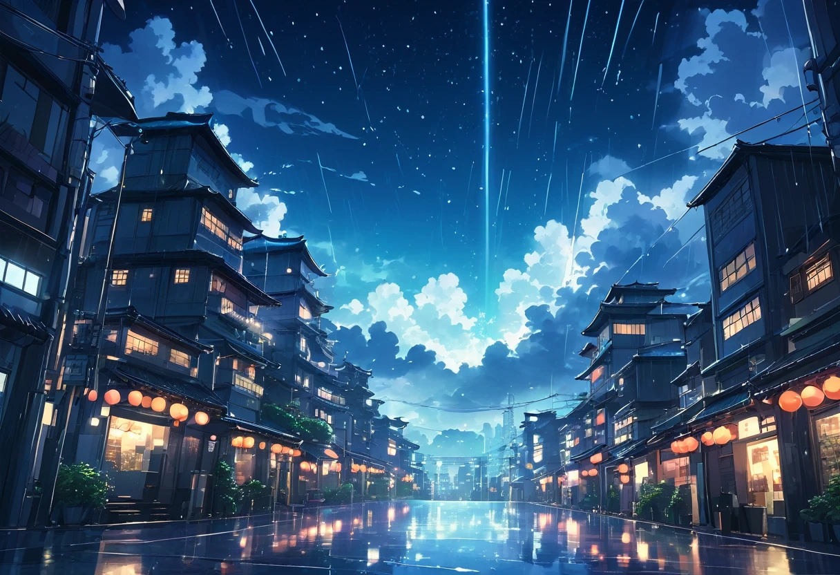 cinematic anime illustration of a futuristic city with a beautiful sky with amazing clouds and stars when its raining in the night, cinematic light, cinematic animation render, (masterpiece), best quality, by Kyoto Animation, 2d animation art, cinematic light