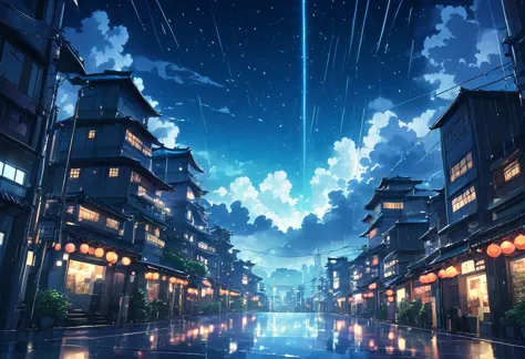 cinematic anime illustration of a futuristic city with a beautiful sky with amazing clouds and stars when its raining in the nig...