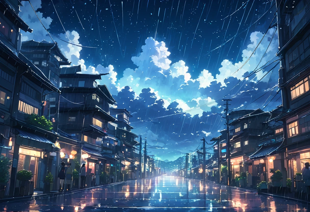 cinematic anime illustration of a futuristic city with a beautiful sky with amazing clouds and stars when its raining in the night, cinematic light, cinematic animation render, (masterpiece), best quality, by Kyoto Animation, 2d animation art, cinematic light