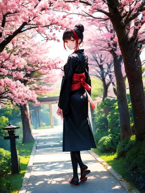 ((masterpiece,best quality)),2girls, black kimono, black legwear, black ribbon, black hair, cherry blossoms, day, flower, hair b...