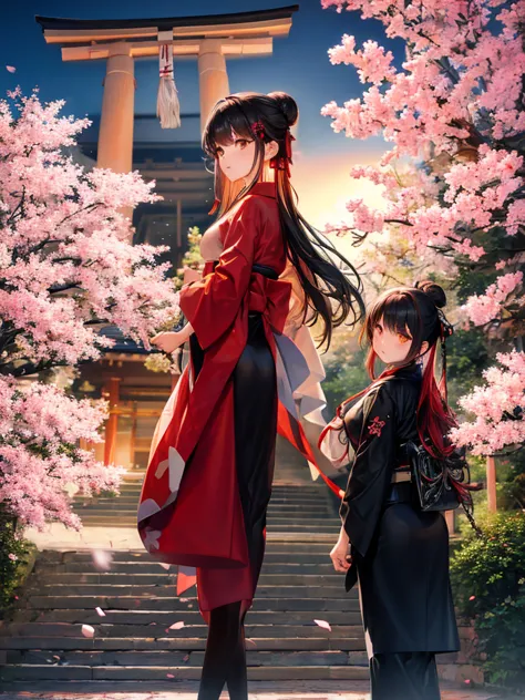 ((masterpiece,best quality)),2girls, black kimono, black legwear, black ribbon, black hair, cherry blossoms, day, flower, hair b...