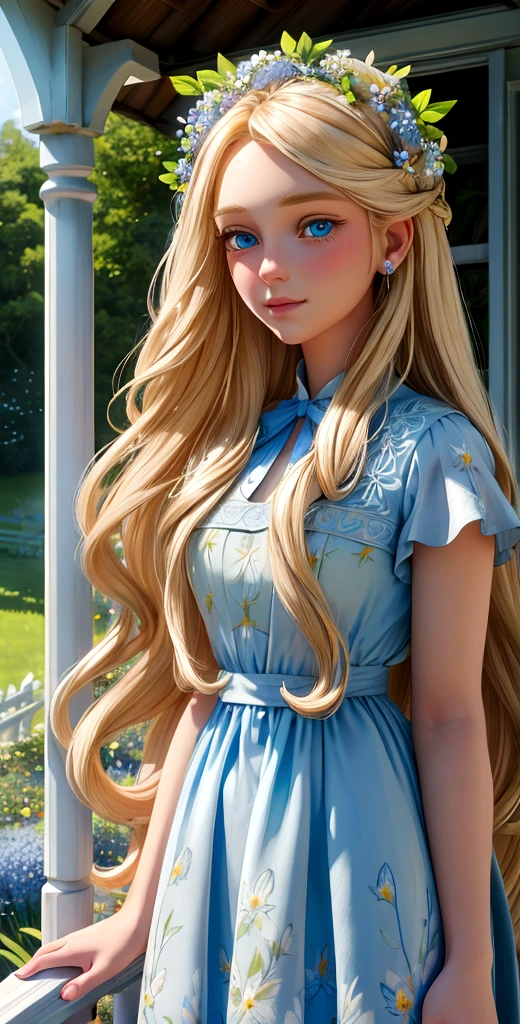 Lilie, ein wunderschönes blondes Mädchen mit sehr langen Haaren und strahlend blauen Augen, steht auf der Veranda ihres Landhauses. Sie trägt ein hellblaues Kleid mit kleinen Blumen geschmückt, die Morgensonne reflektierend. Der Garten um sie herum ist voller bunter Blumen und üppigem grünem Gras. (gute Qualität:1.2), (ultradetailliert:1.2), (ultradetailliertes Gesicht:1.2), (ultradetaillierter Körper:1.2