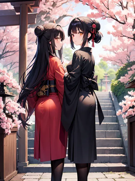 ((masterpiece,best quality)),2girls, black kimono, black legwear, black ribbon, black hair, cherry blossoms, day, flower, hair b...