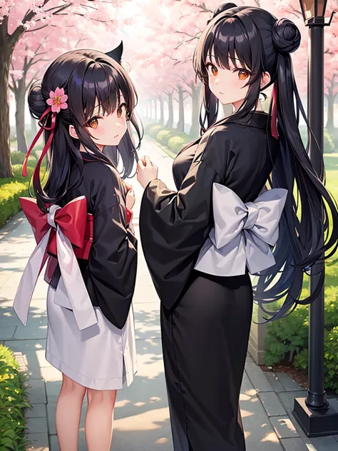 ((masterpiece,best quality)),2girls, black kimono, black legwear, black ribbon, black hair, cherry blossoms, day, flower, hair b...