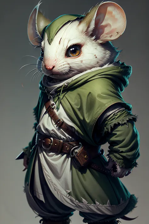 solitary, white mouse, wearing a green hooded cape, belt with waist bag, holding a sword, angry, realistic mouse，the picture is ...