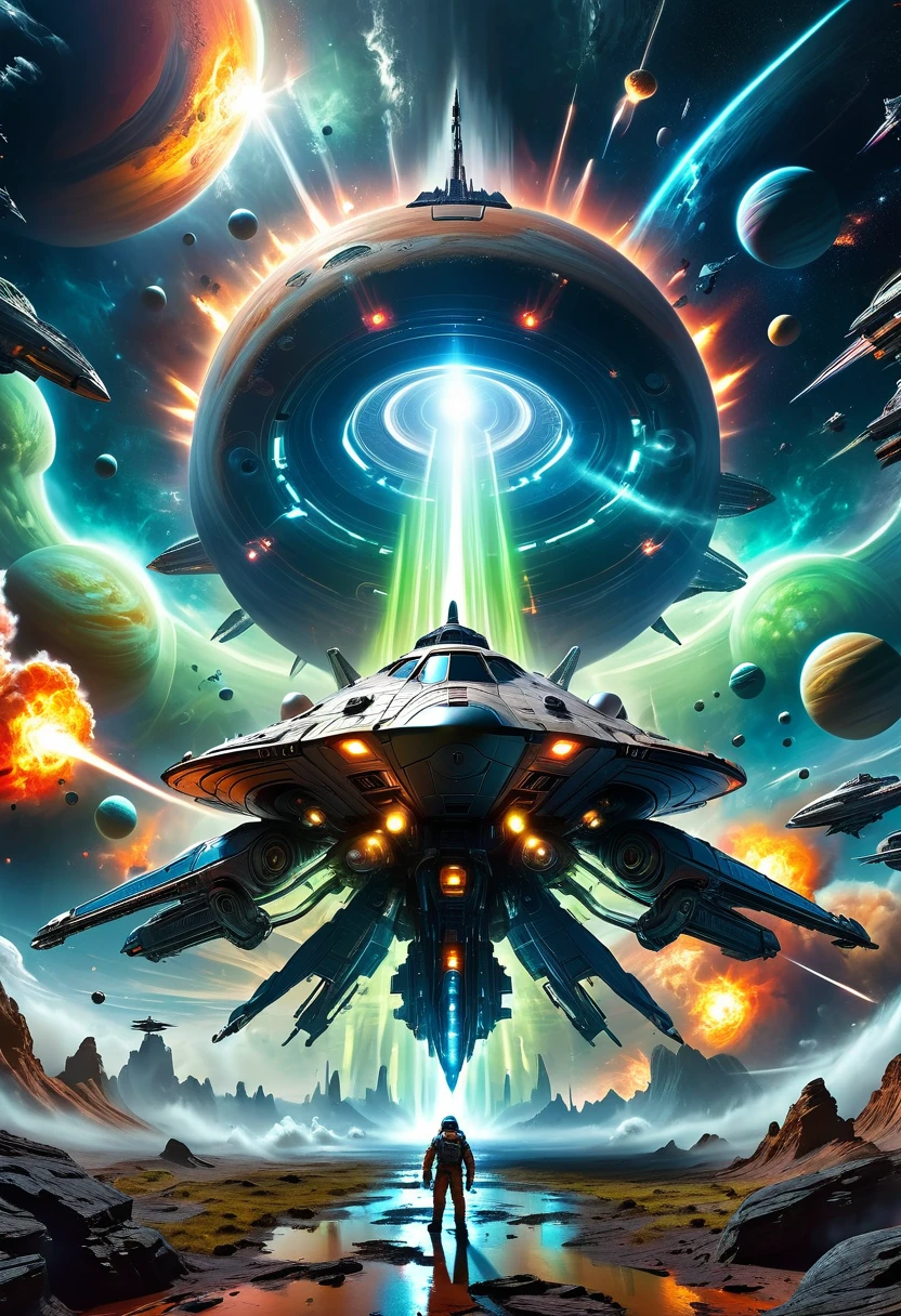 An intense futuristic space battle between astronauts and alien alien spaceship, UFO,Have a giant planet, Rotating cosmic energy, Advanced Alien Technology, Glowing spaceship, Explosive Action, Dramatic Lighting, Complex mechanical design, Realistic textures, Volumetric Fog, Photographic angle, vibrant color palette, and a sense of epic scale and grandeur