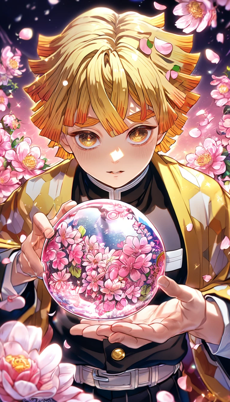 absurdres, highres, ultra detailed, HDR, master piece, best quality, extremely detailed, Agatsuma Zenitsu, yellow hair, expressive brown golden eyes, Kimetsu No Yaiba, solo, sexy man, handsome, yellow haori, demon slayer uniform, magical, fantasy, glittering, sparkling, glass, pink flowers, pink petals, water, pink moon