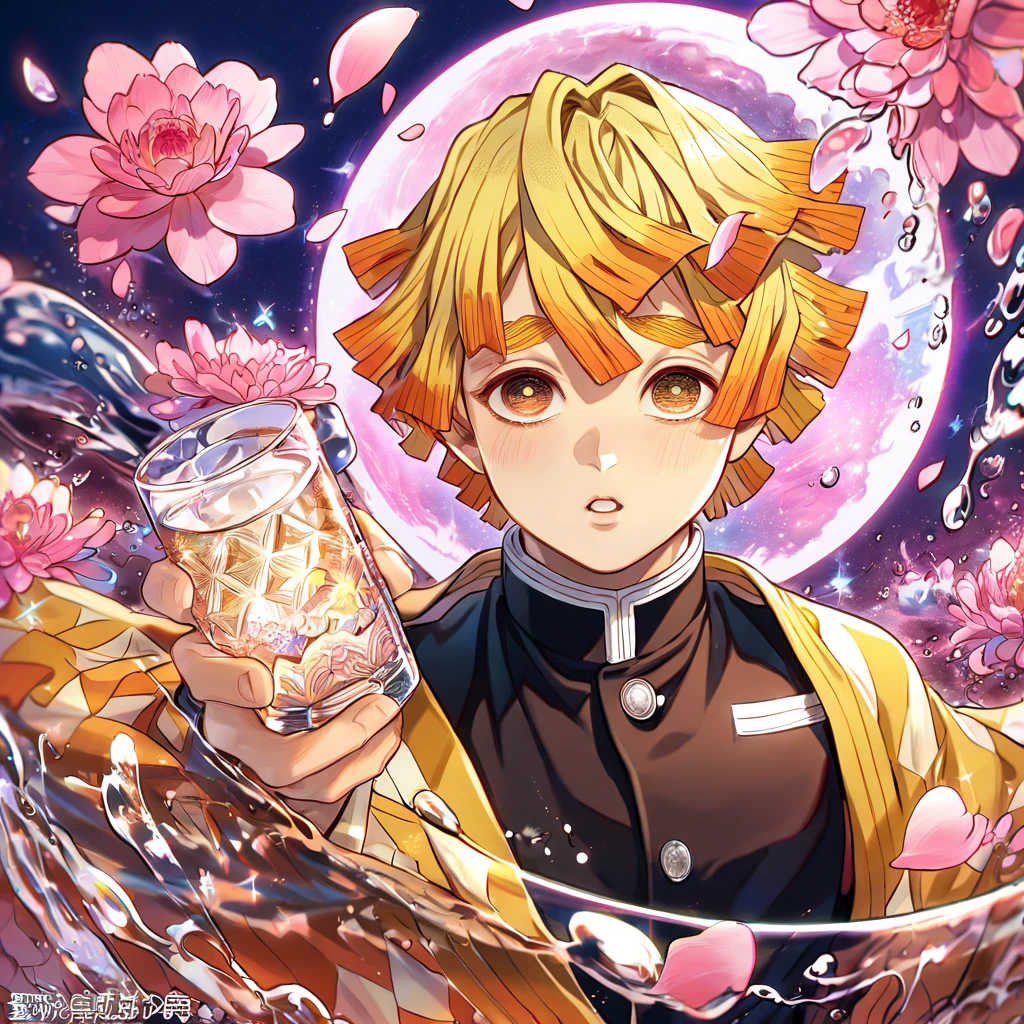 absurdres, highres, ultra detailed, HDR, master piece, best quality, extremely detailed, Agatsuma Zenitsu, yellow hair, expressive brown golden eyes, Kimetsu No Yaiba, solo, sexy man, handsome, yellow haori, demon slayer uniform, magical, fantasy, glittering, sparkling, glass, pink flowers, pink petals, water, pink moon