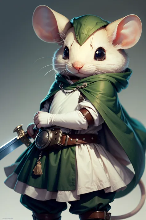 Solitary, White mouse, Wearing a green hooded cape, Belt with waist bag, Holding a sword, Super angry, Realistic mouse，Lens at a...