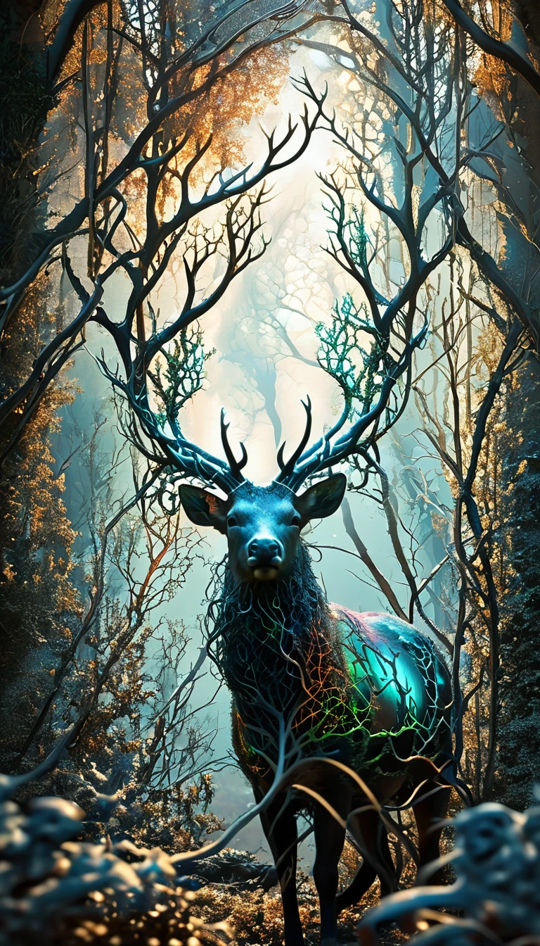 Fractalvines, A majestic stag with antlers made from fractal vines, its coat shimmering with iridescent colors as it roams through a mystical forest. 