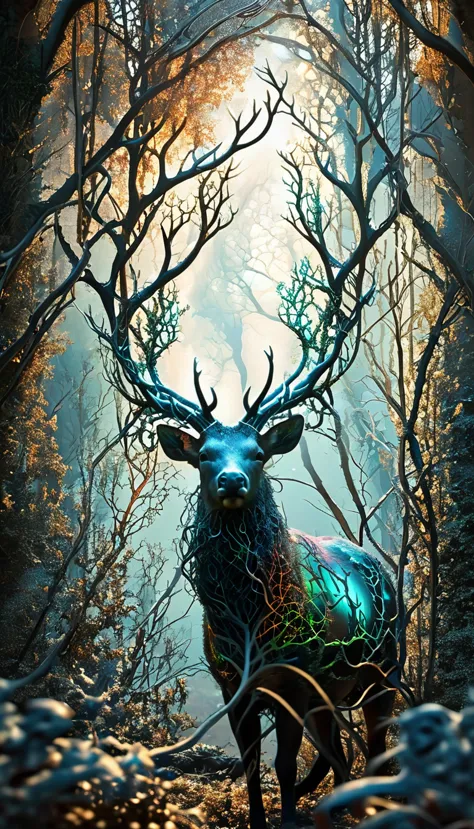 Fractalvines, A majestic stag with antlers made from fractal vines, its coat shimmering with iridescent colors as it roams throu...